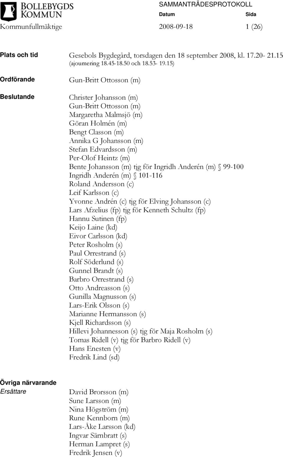 Per-Olof Heintz (m) Bente Johansson (m) tjg för Ingridh Anderén (m) 99-100 Ingridh Anderén (m) 101-116 Roland Andersson (c) Leif Karlsson (c) Yvonne Andrén (c) tjg för Elving Johansson (c) Lars