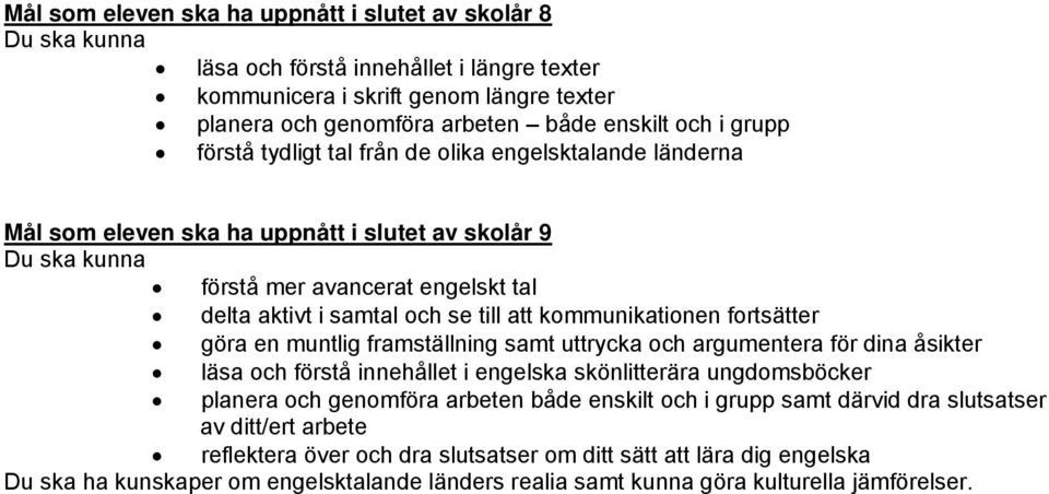 fortsätter göra en muntlig framställning samt uttrycka och argumentera för dina åsikter läsa och förstå innehållet i engelska skönlitterära ungdomsböcker planera och genomföra arbeten både enskilt