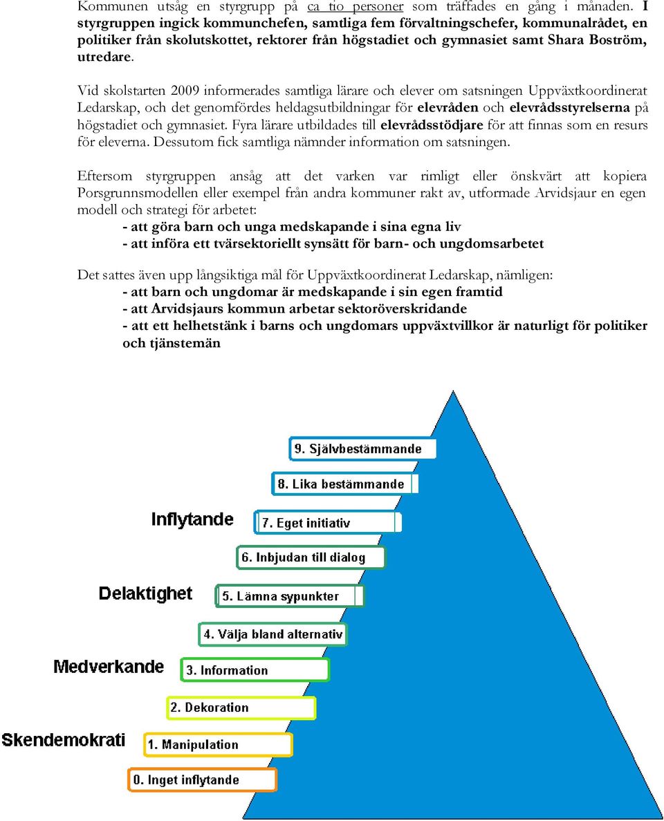 Vid skolstarten 2009 informerades samtliga lärare och elever om satsningen Uppväxtkoordinerat Ledarskap, och det genomfördes heldagsutbildningar för elevråden och elevrådsstyrelserna på högstadiet