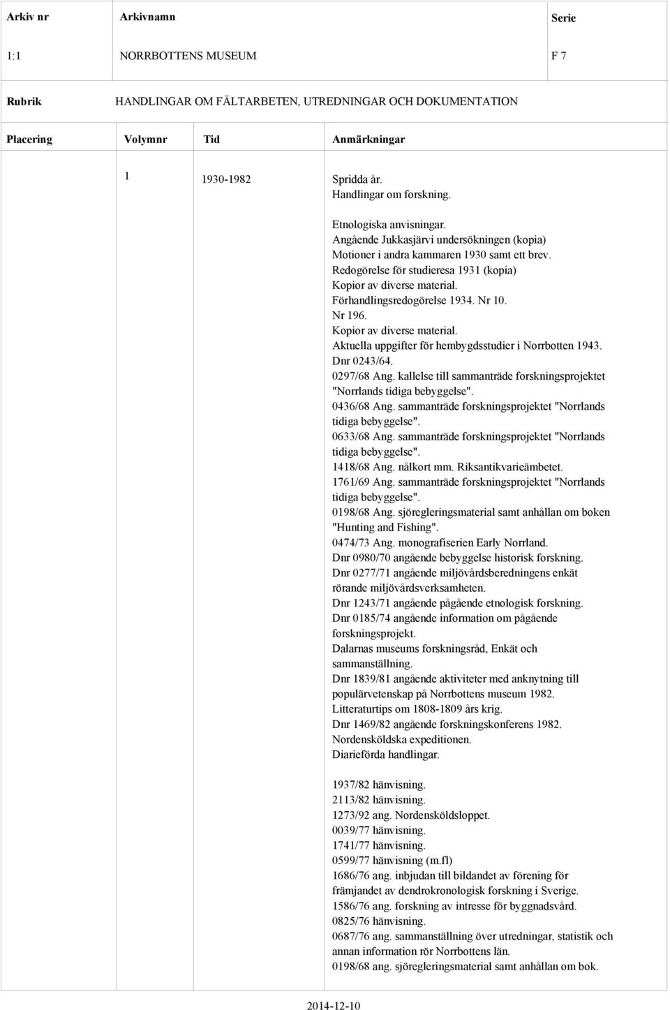 Dnr 0243/64. 0297/68 Ang. kallelse till sammanträde forskningsprojektet "Norrlands tidiga bebyggelse". 0436/68 Ang. sammanträde forskningsprojektet "Norrlands tidiga bebyggelse". 0633/68 Ang.