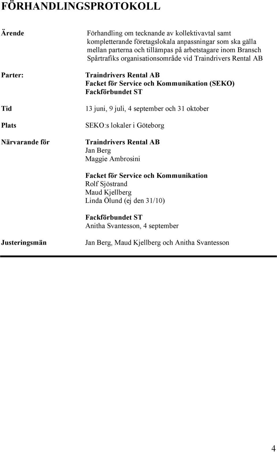 Kommunikation (SEKO) Fackförbundet ST 13 juni, 9 juli, 4 september och 31 oktober SEKO:s lokaler i Göteborg Traindrivers Rental AB Jan Berg Maggie Ambrosini Facket för