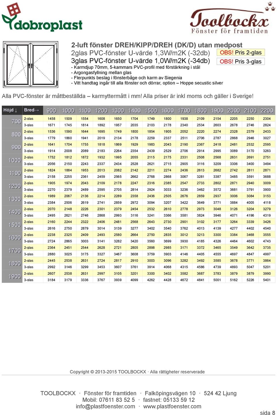 Pris 2-glas 3glas PVC-fönster U-värde 1,0W/m2K (-34db) OBS!