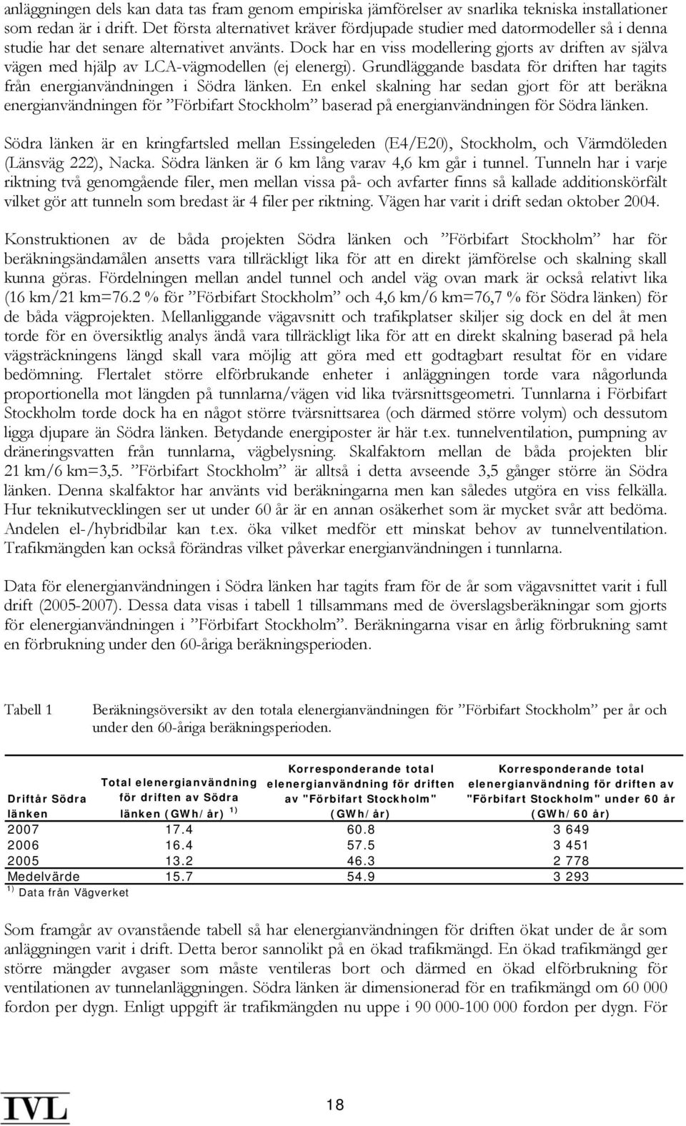 Dock har en viss modellering gjorts av driften av själva vägen med hjälp av LCA-vägmodellen (ej elenergi). Grundläggande basdata för driften har tagits från energianvändningen i Södra länken.