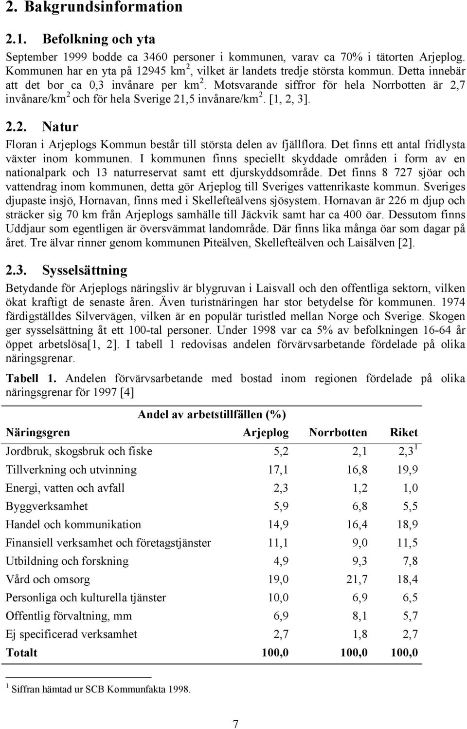 Motsvarande siffror för hela Norrbotten är 2,7 invånare/km 2 och för hela Sverige 21,5 invånare/km 2. [1, 2, 3]. 2.2. Natur Floran i Arjeplogs Kommun består till största delen av fjällflora.