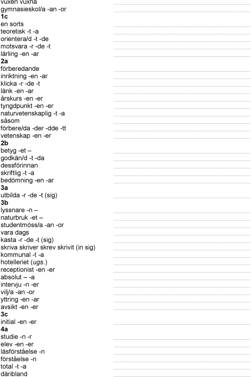 3a utbilda -r -de -t (sig) 3b lyssnare -n naturbruk -et studentmöss/a -an -or vara dags kasta -r -de -t (sig) skriva skriver skrev skrivit (in sig) kommunal -t -a hotelleriet (ugs.