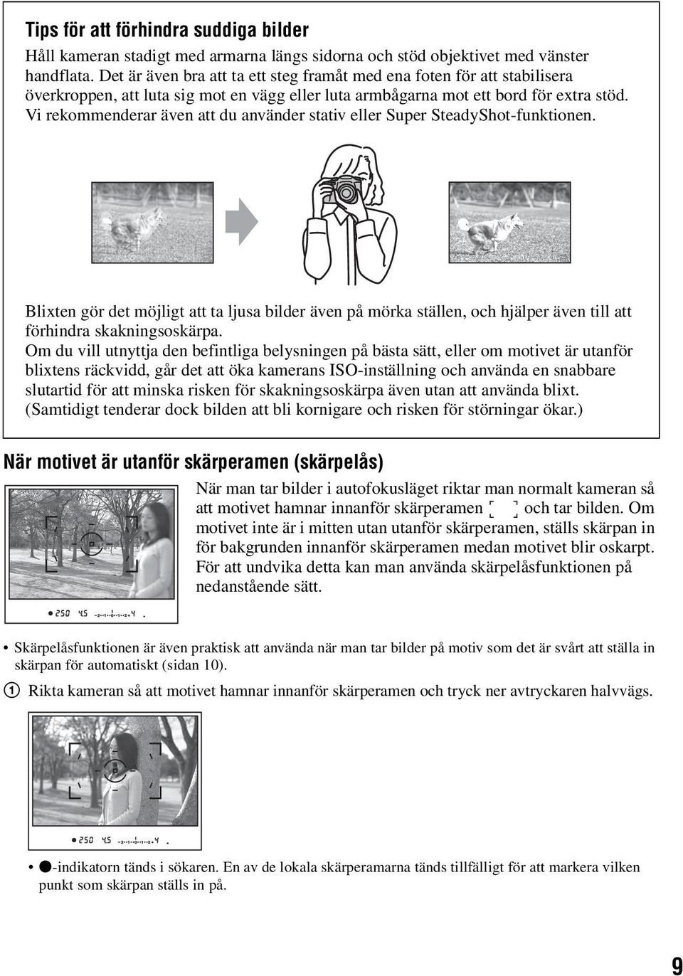 Vi rekommenderar även att du använder stativ eller Super SteadyShot-funktionen. Blixten gör det möjligt att ta ljusa bilder även på mörka ställen, och hjälper även till att förhindra skakningsoskärpa.