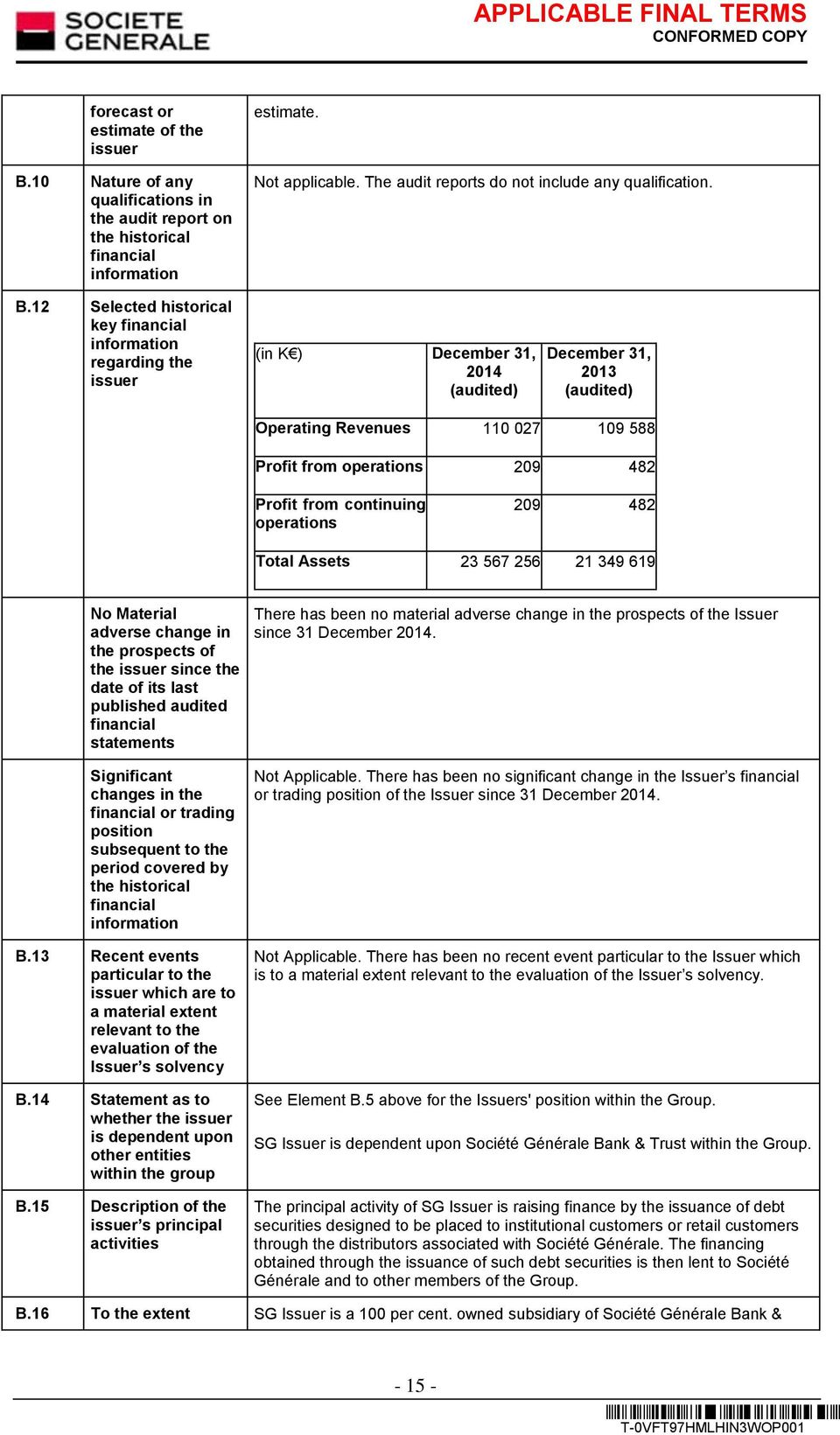 12 Selected historical key financial information regarding the issuer (in K ) December 31, 2014 (audited) December 31, 2013 (audited) Operating Revenues 110 027 109 588 Profit from operations 209 482