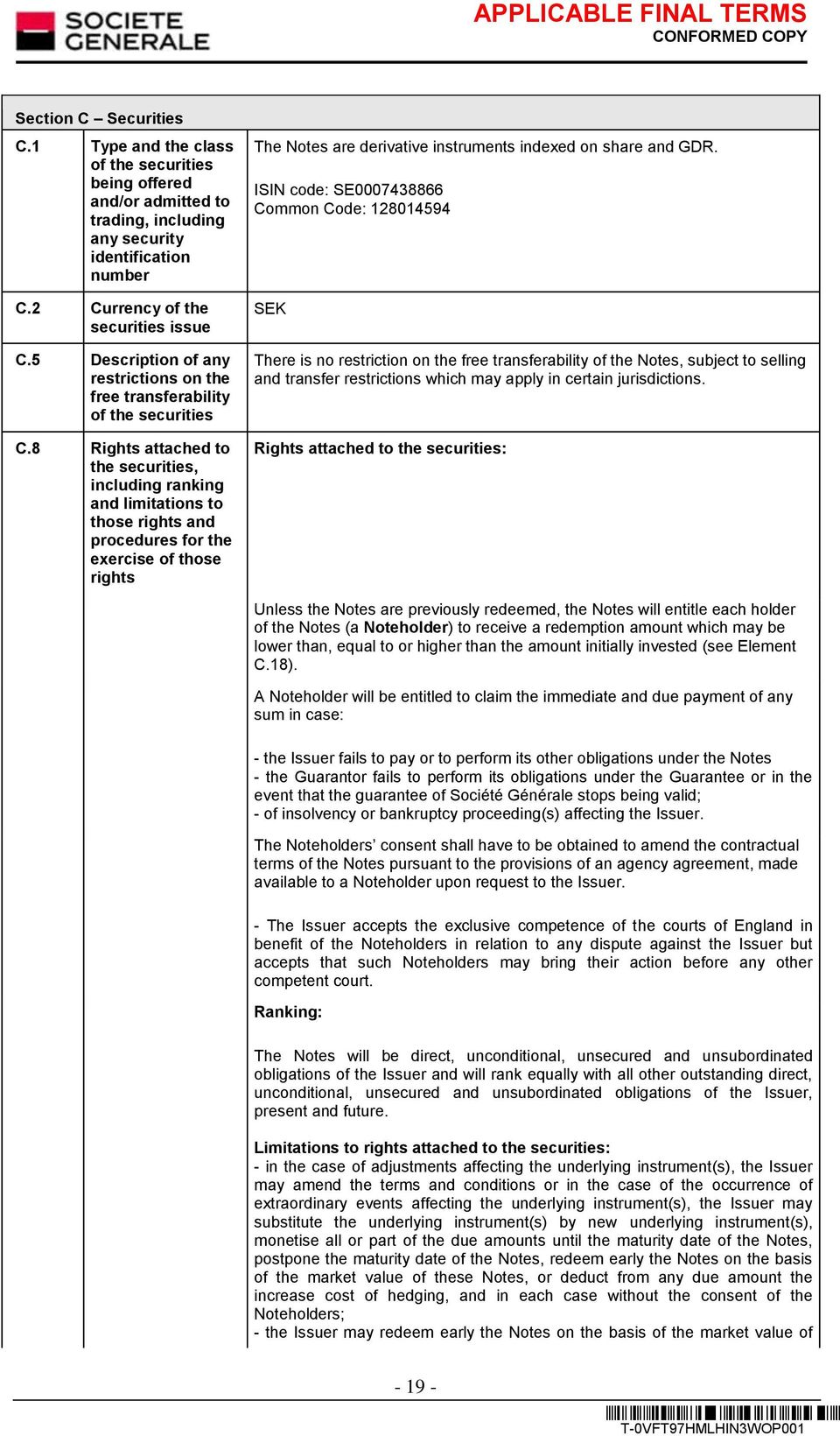 8 Rights attached to the securities, including ranking and limitations to those rights and procedures for the exercise of those rights The Notes are derivative instruments indexed on share and GDR.