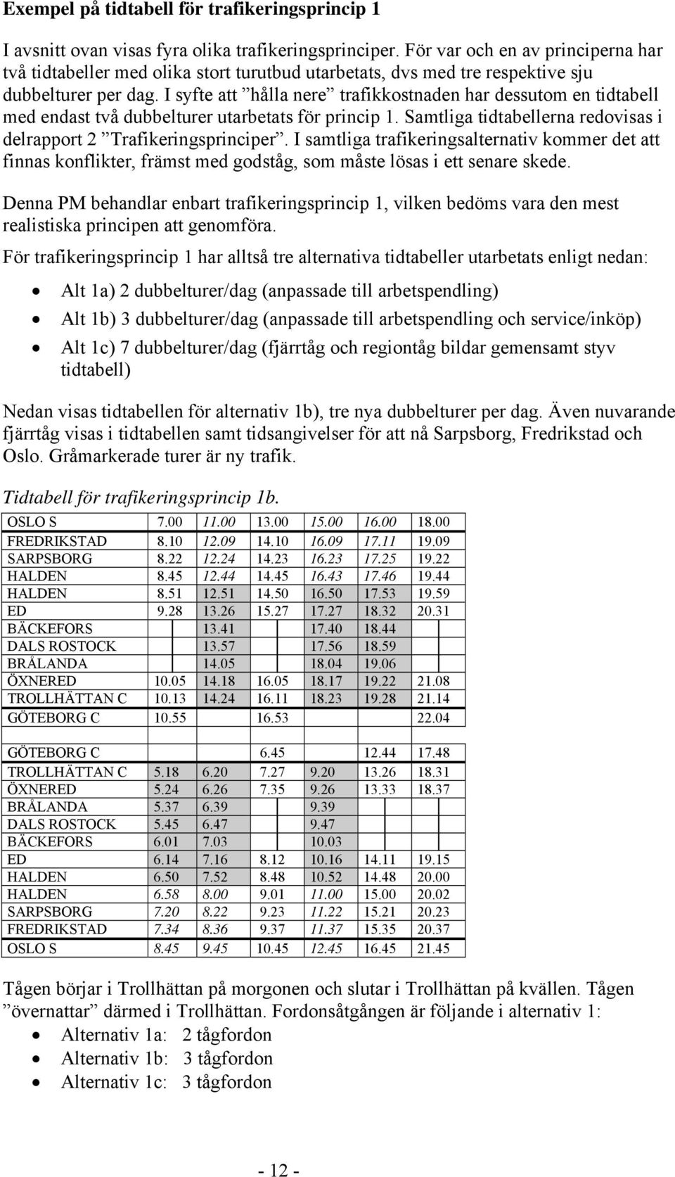 I syfte att hålla nere trafikkostnaden har dessutom en tidtabell med endast två dubbelturer utarbetats för princip 1. Samtliga tidtabellerna redovisas i delrapport 2 Trafikeringsprinciper.