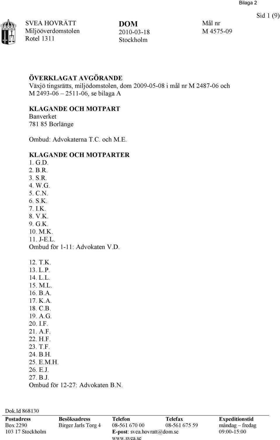 D. 12. T.K. 13. L.P. 14. L.L. 15. M.L. 16. B.A. 17. K.A. 18. C.B. 19. A.G. 20. I.F. 21. A.F. 22. H.F. 23. T.F. 24. B.H. 25. E.M.H. 26. E.J. 27. B.J. Ombud för 12-27: Advokaten B.N. Dok.