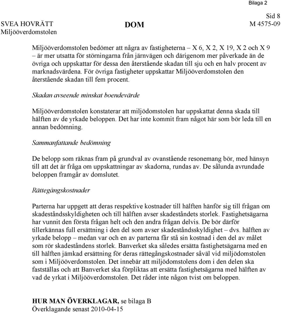 Skadan avseende minskat boendevärde konstaterar att miljödomstolen har uppskattat denna skada till hälften av de yrkade beloppen.