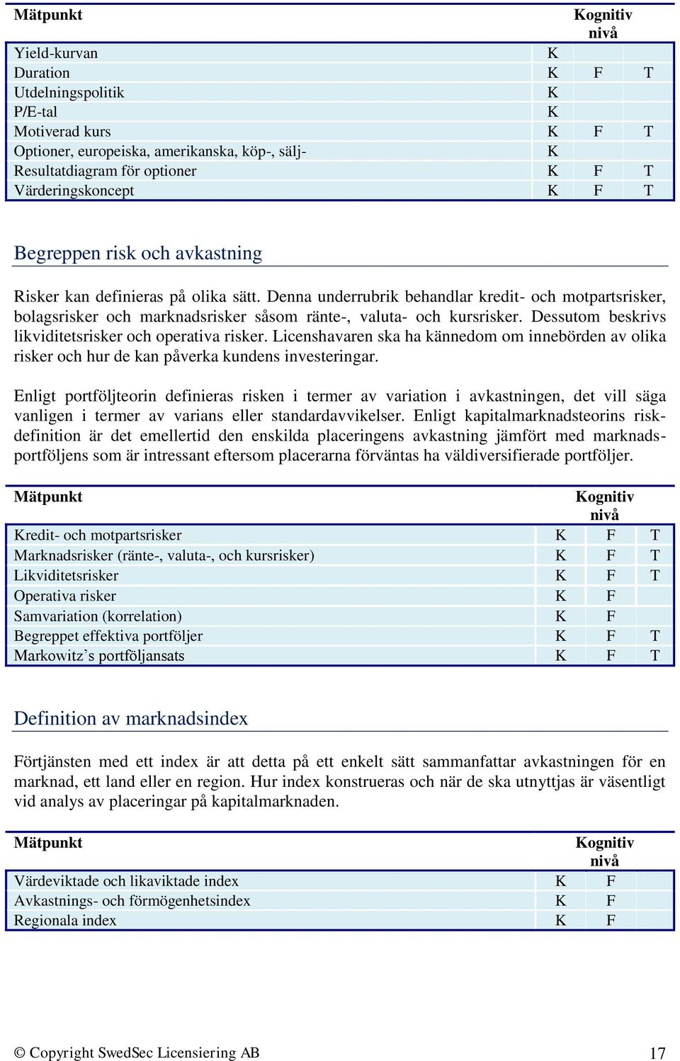 Dessutom beskrivs likviditetsrisker och operativa risker. Licenshavaren ska ha kännedom om innebörden av olika risker och hur de kan påverka kundens investeringar.