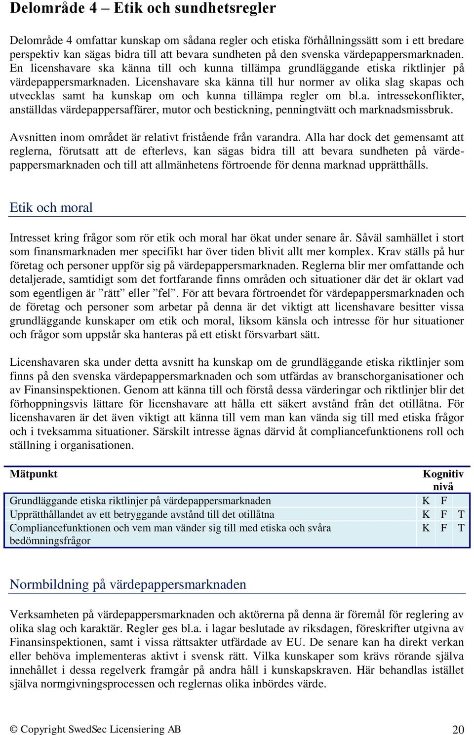 Licenshavare ska känna till hur normer av olika slag skapas och utvecklas samt ha kunskap om och kunna tillämpa regler om bl.a. intressekonflikter, anställdas värdepappersaffärer, mutor och bestickning, penningtvätt och marknadsmissbruk.