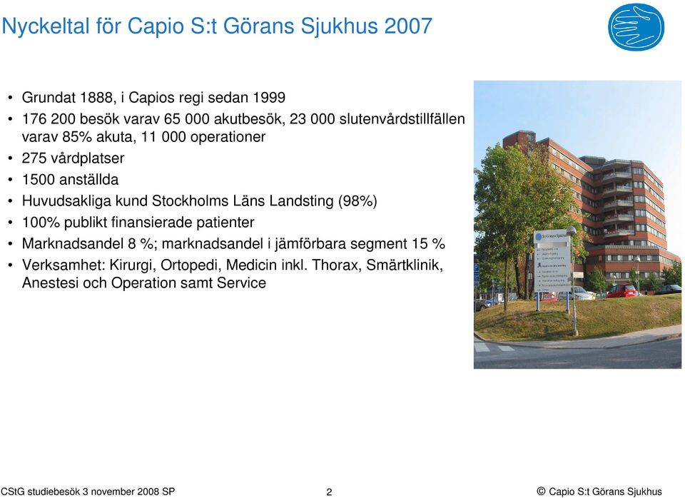 Huvudsakliga kund Stockholms Läns Landsting (98%) 100% publikt finansierade patienter Marknadsandel 8 %;