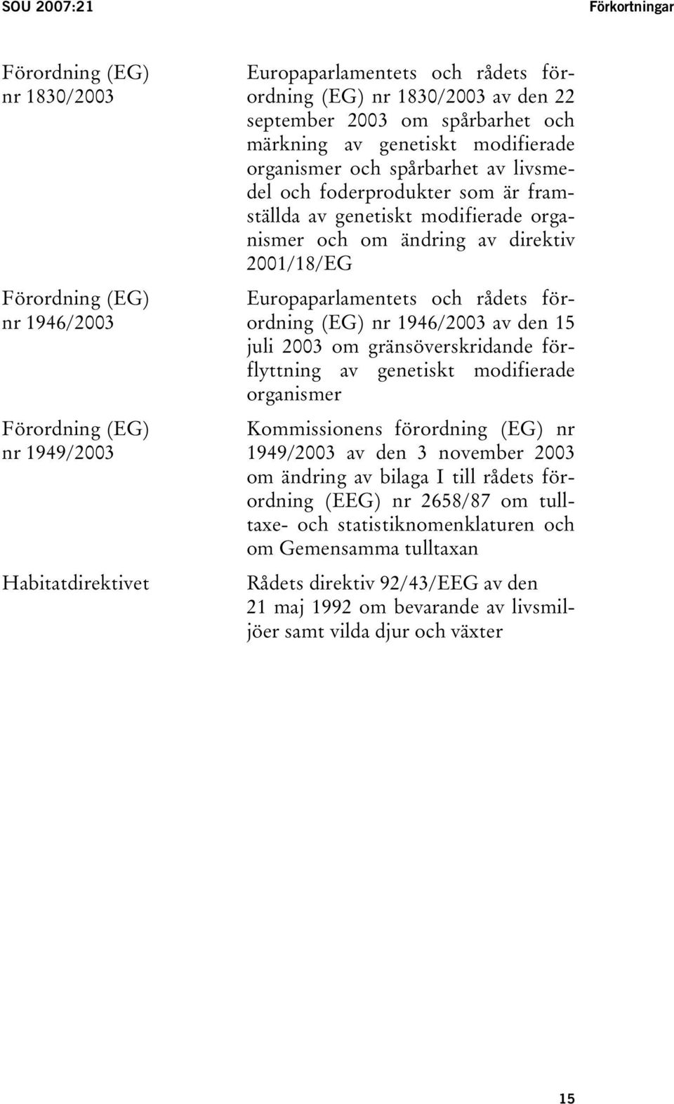 direktiv 2001/18/EG Europaparlamentets och rådets förordning (EG) nr 1946/2003 av den 15 juli 2003 om gränsöverskridande förflyttning av genetiskt modifierade organismer Kommissionens förordning (EG)