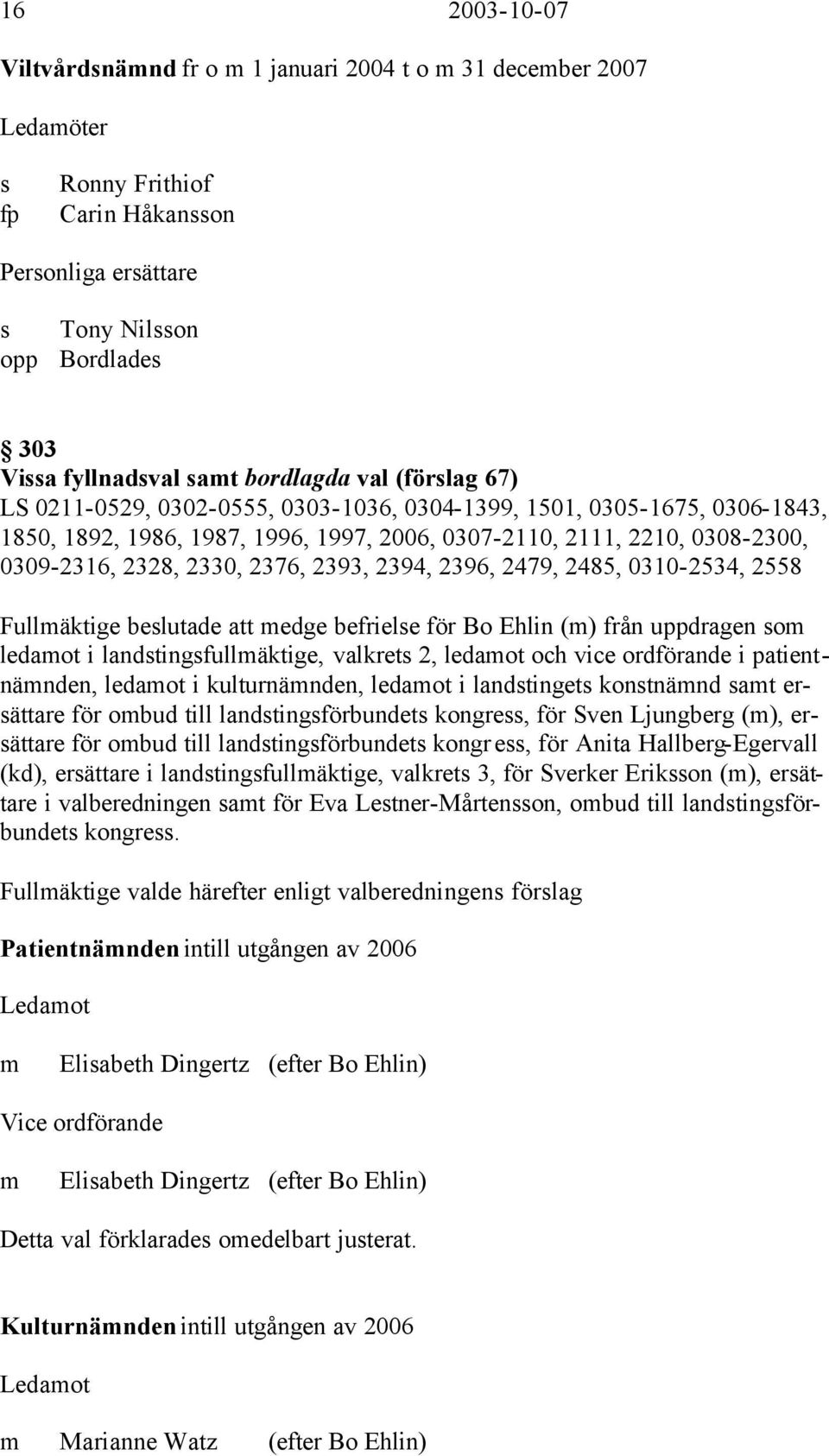 2330, 2376, 2393, 2394, 2396, 2479, 2485, 0310-2534, 2558 Fullmäktige beslutade att medge befrielse för Bo Ehlin (m) från uppdragen som ledamot i landstingsfullmäktige, valkrets 2, ledamot och vice