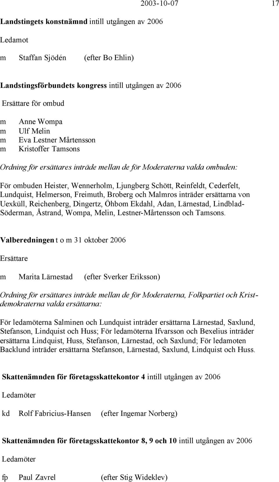 Lundquist, Helmerson, Freimuth, Broberg och Malmros inträder ersättarna von Uexküll, Reichenberg, Dingertz, Öhbom Ekdahl, Adan, Lärnestad, Lindblad- Söderman, Åstrand, Wompa, Melin,