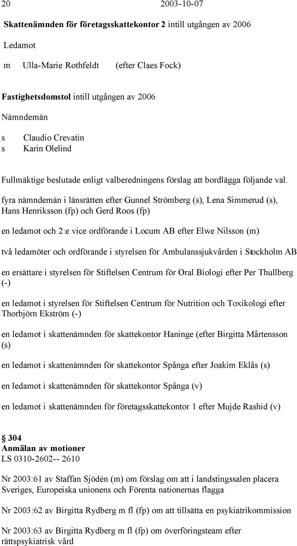 fyra nämndemän i länsrätten efter Gunnel Strömberg (s), Lena Simmerud (s), Hans Henriksson (fp) och Gerd Roos (fp) en ledamot och 2:e vice ordförande i Locum AB efter Elwe Nilsson (m) två ledamöter