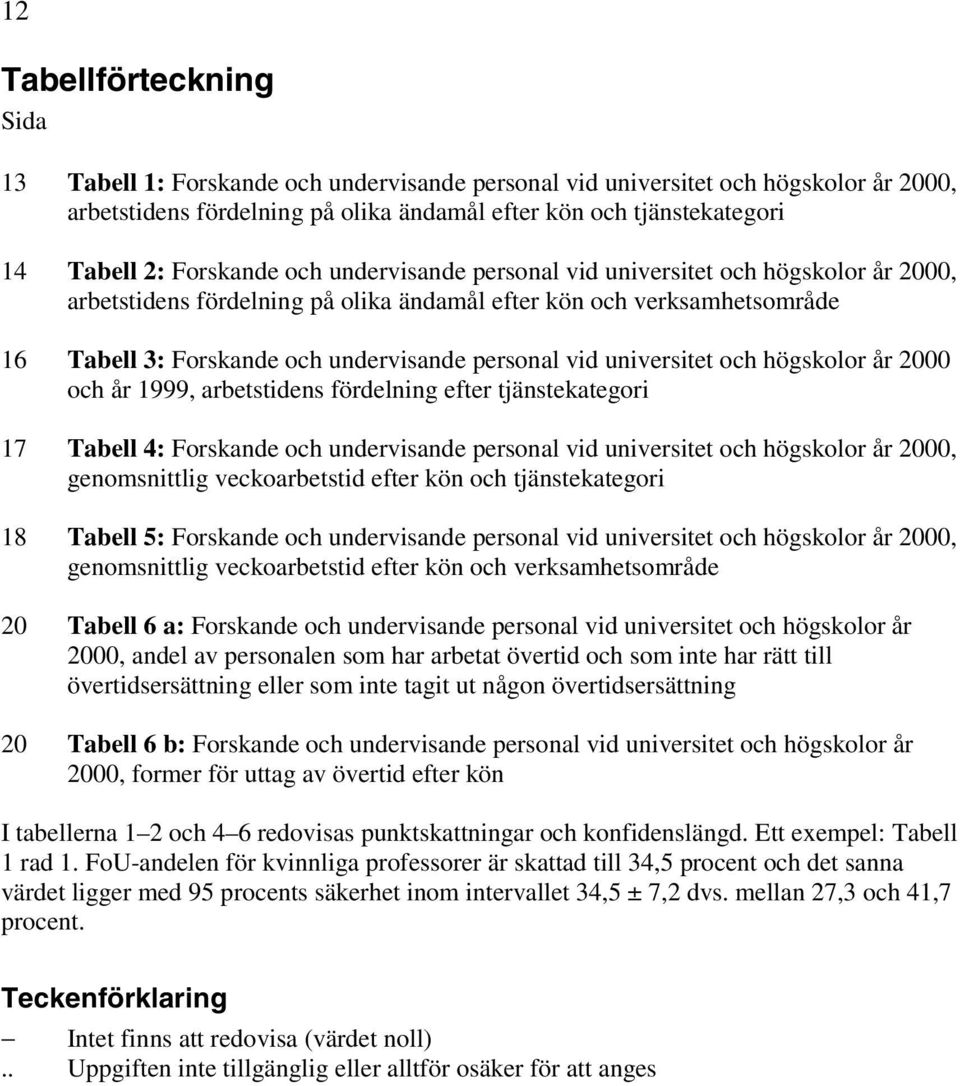 vid universitet och högskolor år 2000 och år, arbetstidens fördelning efter tjänstekategori 17 Tabell 4: Forskande och undervisande personal vid universitet och högskolor år 2000, genomsnittlig