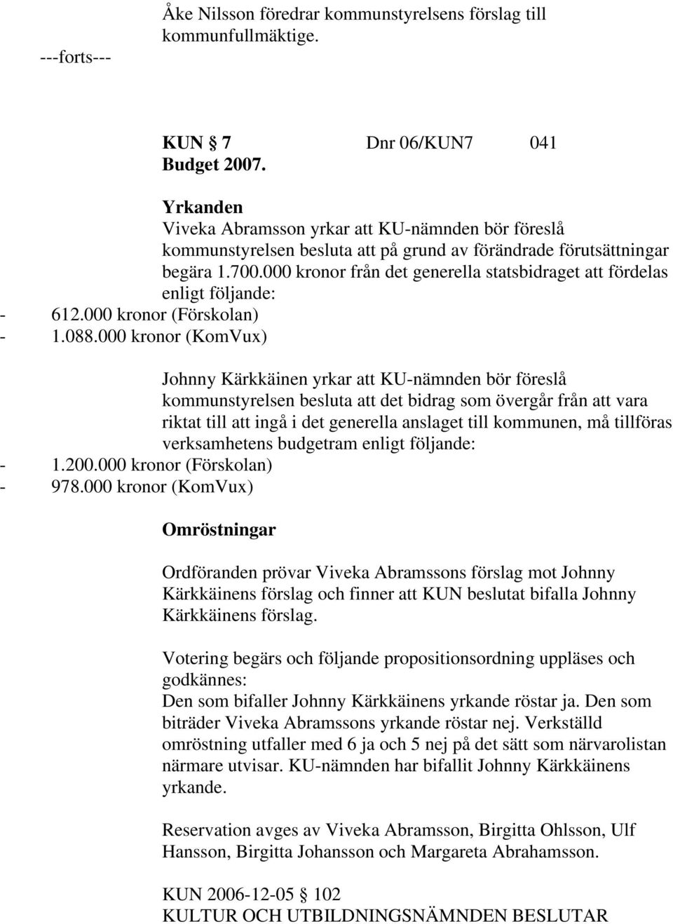 000 kronor från det generella statsbidraget att fördelas enligt följande: - 612.000 kronor (Förskolan) - 1.088.