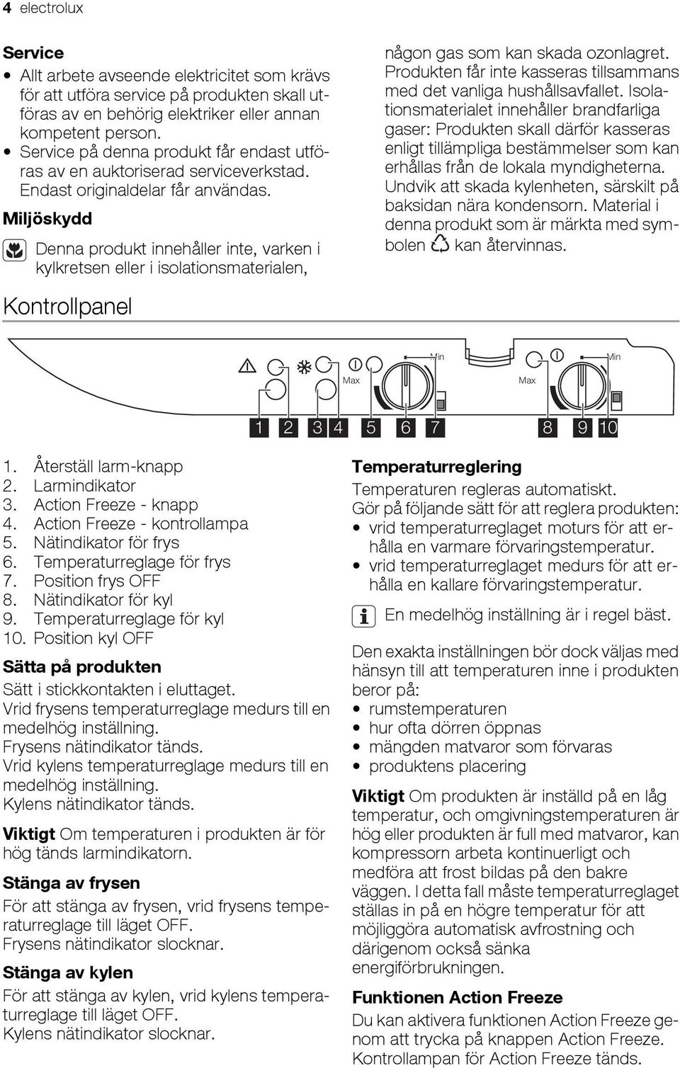 Miljöskydd Denna produkt innehåller inte, varken i kylkretsen eller i isolationsmaterialen, Kontrollpanel någon gas som kan skada ozonlagret.