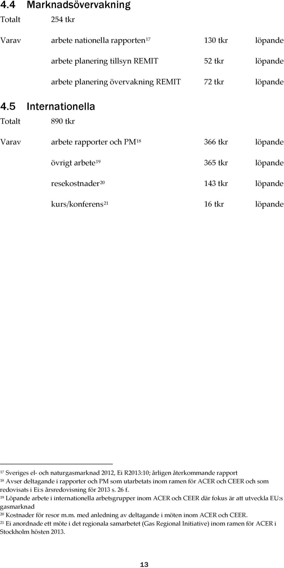 och naturgasmarknad 2012, Ei R2013:10; årligen återkommande rapport 18 Avser deltagande i rapporter och PM som utarbetats inom ramen för ACER och CEER och som redovisats i Ei:s årsredovisning för