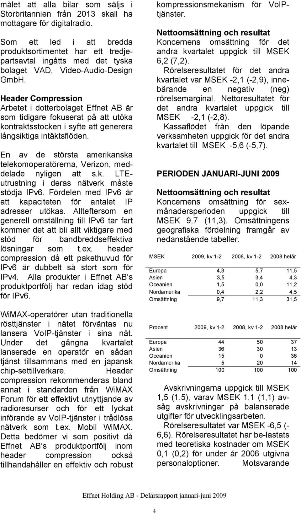 Header Compression Arbetet i dotterbolaget Effnet AB är som tidigare fokuserat på att utöka kontraktsstocken i syfte att generera långsiktiga intäktsflöden.