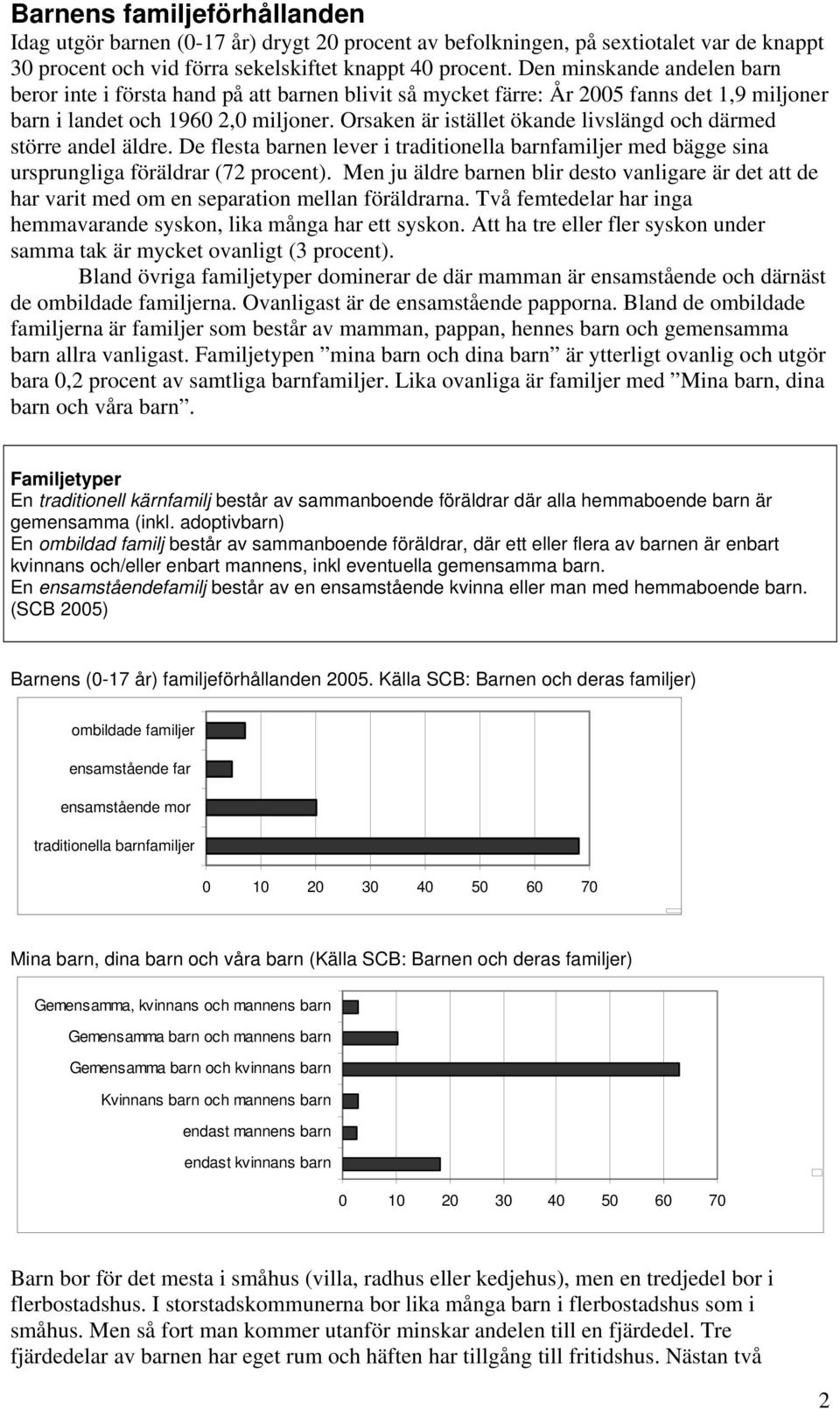 Orsaken är istället ökande livslängd och därmed större andel äldre. De flesta barnen lever i traditionella barnfamiljer med bägge sina ursprungliga föräldrar (72 procent).