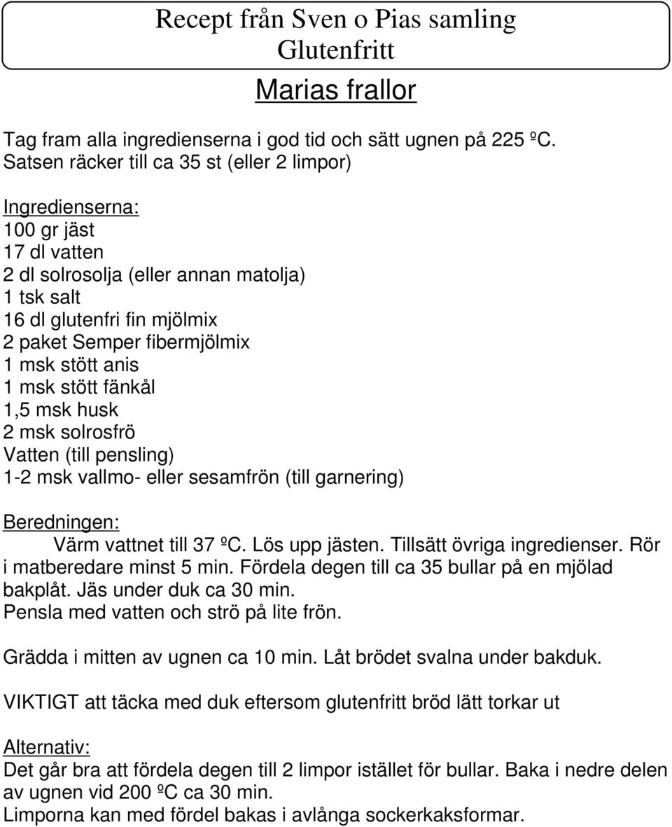 stött fänkål 1,5 msk husk 2 msk solrosfrö Vatten (till pensling) 1-2 msk vallmo- eller sesamfrön (till garnering) Värm vattnet till 37 ºC. Lös upp jästen. Tillsätt övriga ingredienser.