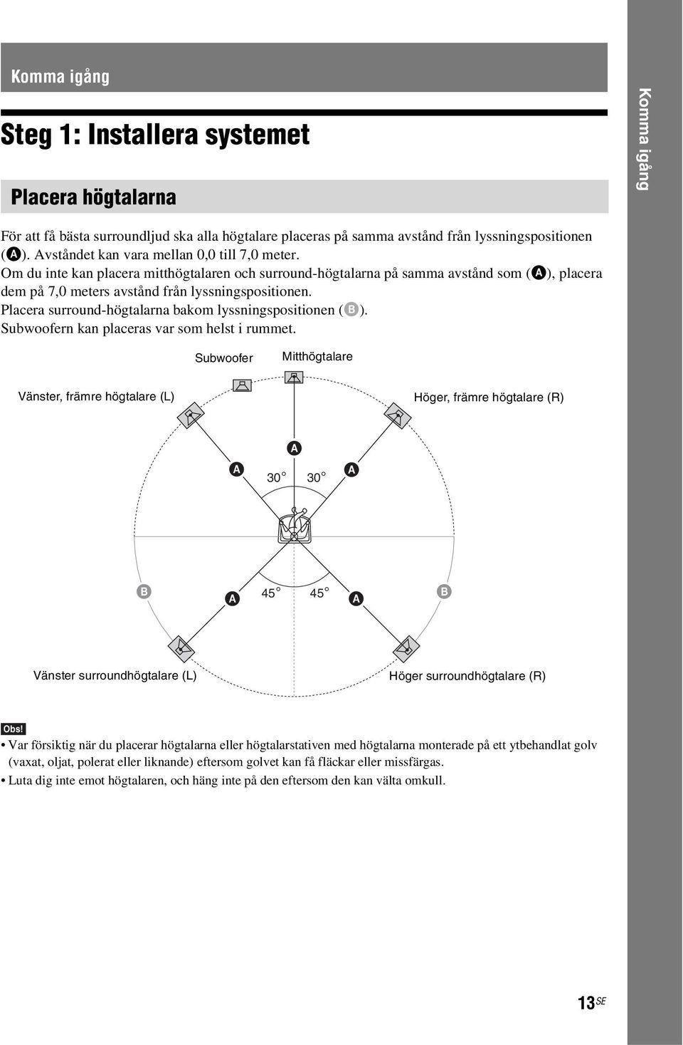 Placera surround-högtalarna bakom lyssningspositionen (B). Subwoofern kan placeras var som helst i rummet.