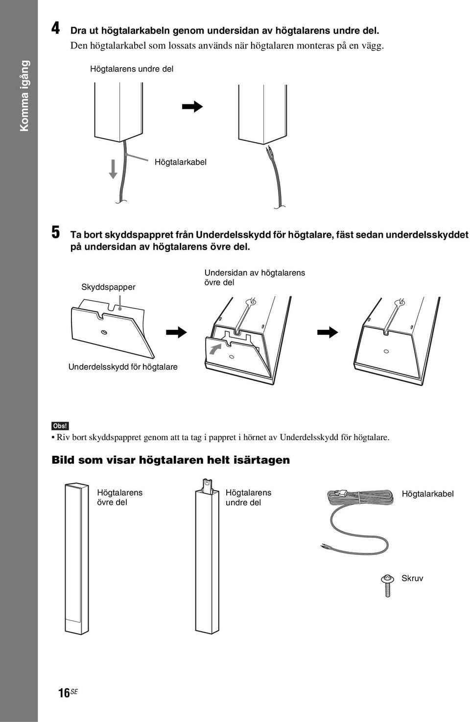 undersidan av högtalarens övre del.