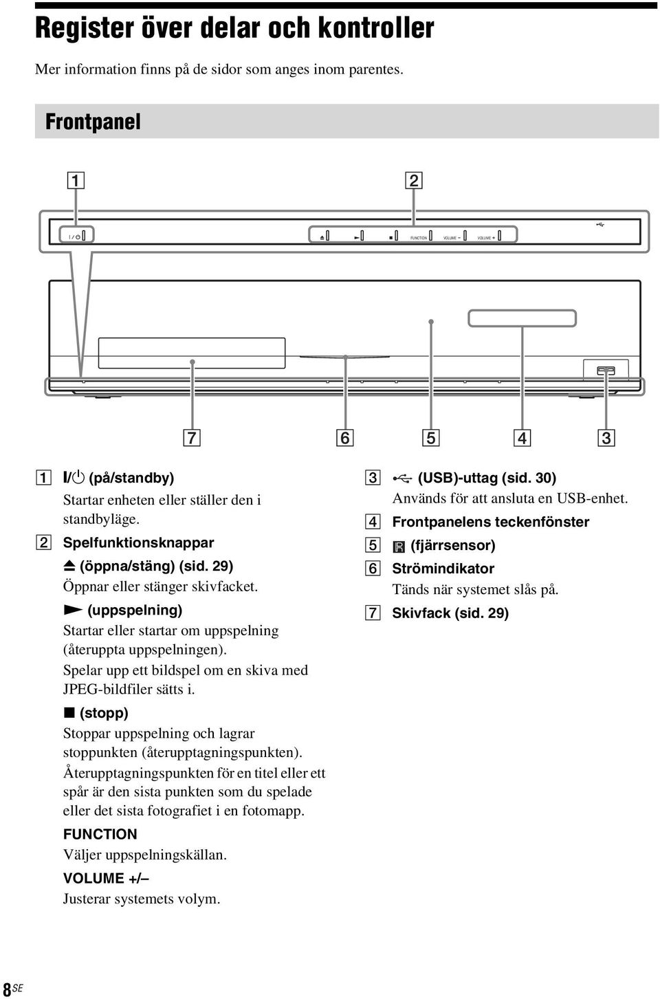 Spelar upp ett bildspel om en skiva med JPEG-bildfiler sätts i. x (stopp) Stoppar uppspelning och lagrar stoppunkten (återupptagningspunkten).