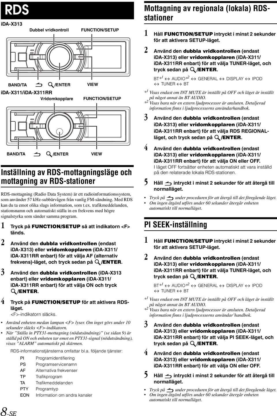 BAND/TA ida-x311/ida-x311rr Vridomkopplare BAND/TA /ENTER /ENTER VIEW FUNCTION/SETUP VIEW Inställning av RDS-mottagningsläge och mottagning av RDS-stationer RDS-mottagning (Radio Data System) är ett