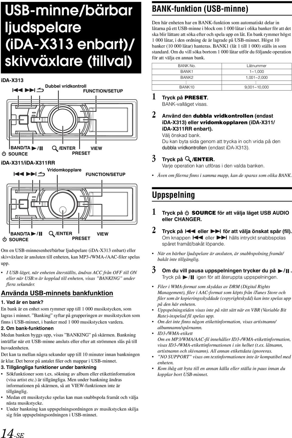 spela upp en låt. En bank rymmer högst 1 000 låtar, i den ordning de är lagrade på USB-minnet. Högst 10 banker (10 000 låtar) hanteras. BANK1 (låt 1 till 1 000) ställs in som standard.