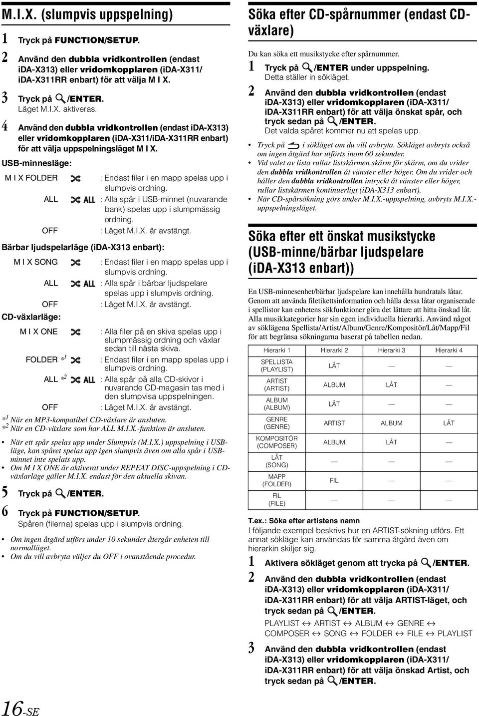 USB-minnesläge: M I X FOLDER : Endast filer i en mapp spelas upp i slumpvis ordning. ALL : Alla spår i USB-minnet (nuvarande bank) spelas upp i slumpmässig ordning. OFF : Läget M.I.X. är avstängt.