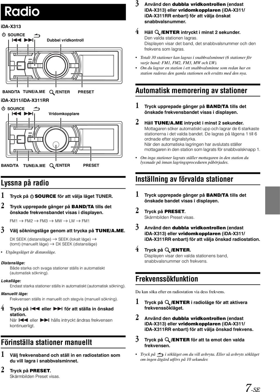 Totalt 30 stationer kan lagras i snabbvalsminnet (6 stationer för varje band: FM1, FM2, FM3, MW och LW).