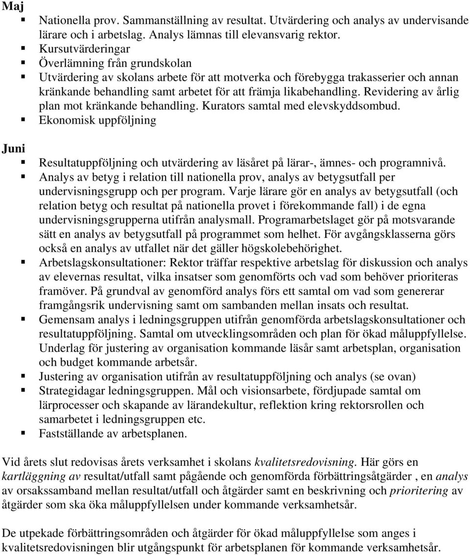 Revidering av årlig plan mot kränkande behandling. Kurators samtal med elevskyddsombud. Ekonomisk uppföljning Juni Resultatuppföljning och utvärdering av läsåret på lärar-, ämnes- och programnivå.