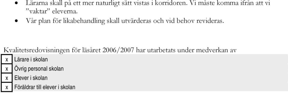 Vår plan för likabehandling skall utvärderas och vid behov revideras.