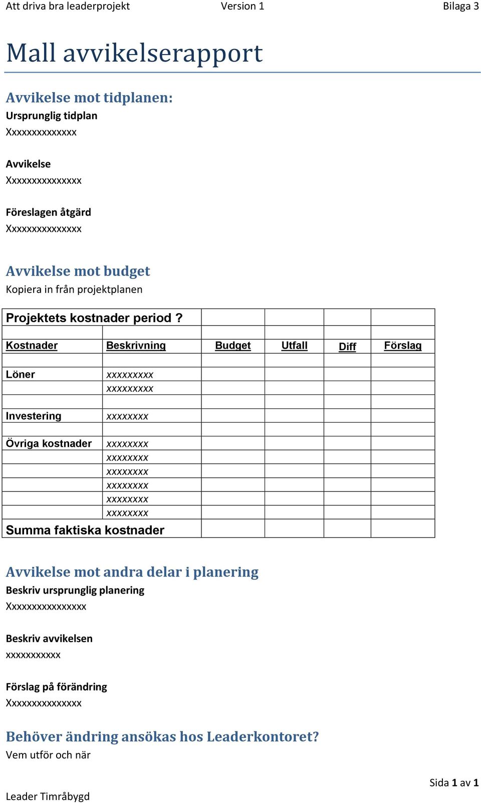 Kostnader Beskrivning Budget Utfall Diff Förslag Löner Investering xxxxxxxxx xxxxxxxxx xxxxxxxx Övriga kostnader xxxxxxxx xxxxxxxx xxxxxxxx xxxxxxxx xxxxxxxx xxxxxxxx Summa