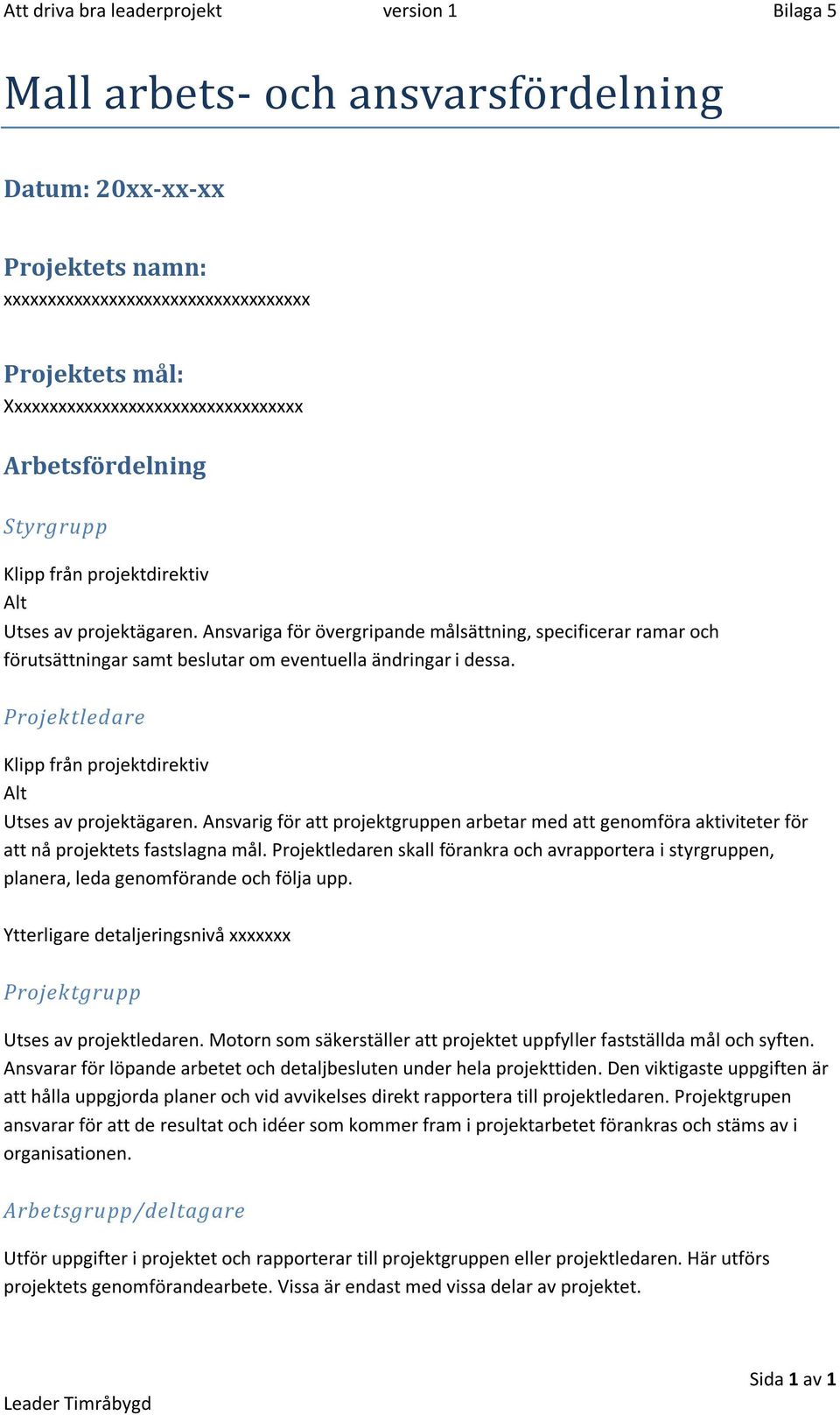 Ansvariga för övergripande målsättning, specificerar ramar och förutsättningar samt beslutar om eventuella ändringar i dessa. Projektledare Klipp från projektdirektiv Alt Utses av projektägaren.