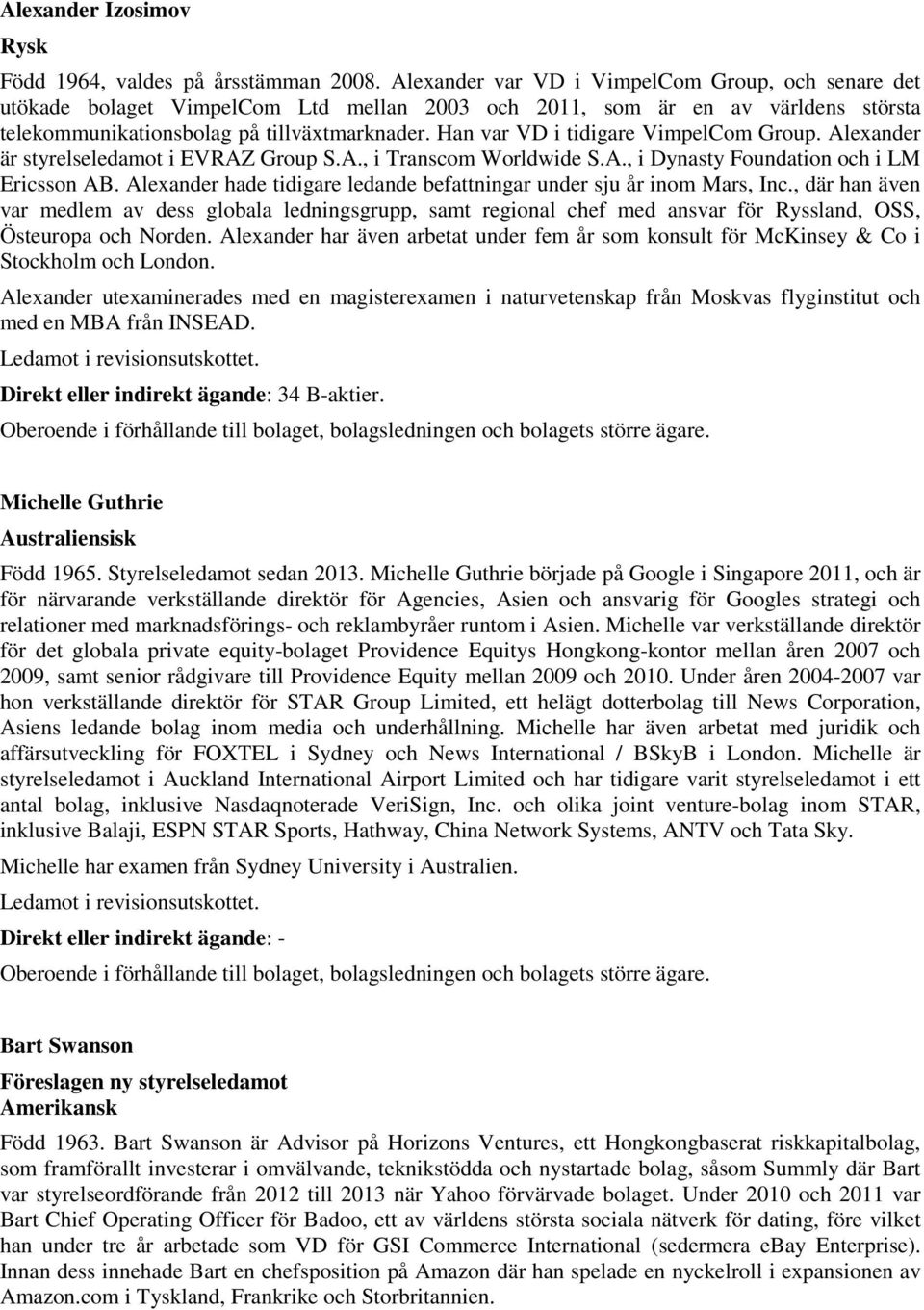 Han var VD i tidigare VimpelCom Group. Alexander är styrelseledamot i EVRAZ Group S.A., i Transcom Worldwide S.A., i Dynasty Foundation och i LM Ericsson AB.