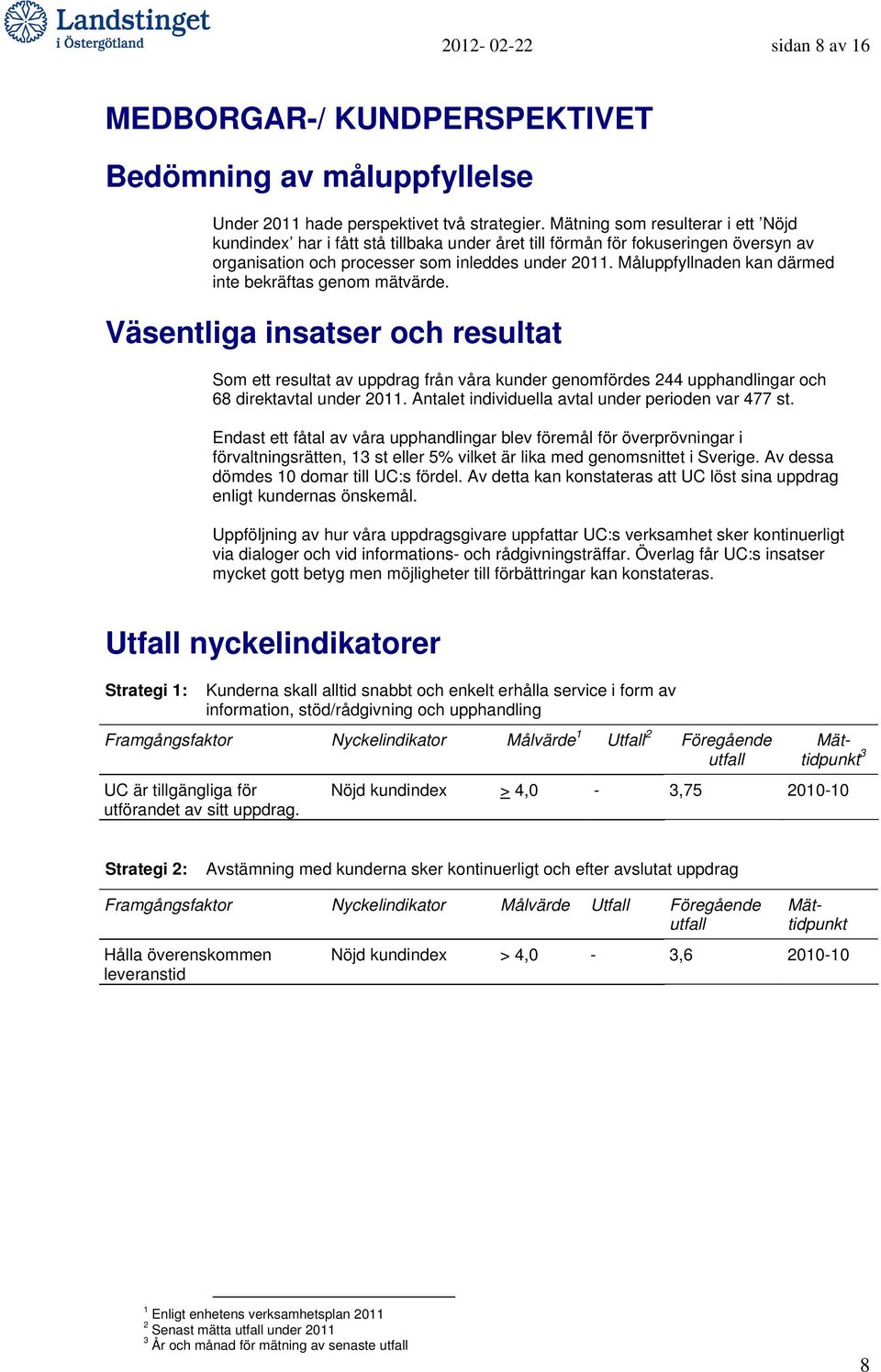 Måluppfyllnaden kan därmed inte bekräftas genom mätvärde. Väsentliga insatser och resultat Som ett resultat av uppdrag från våra kunder genomfördes 244 upphandlingar och 68 direktavtal under 2011.