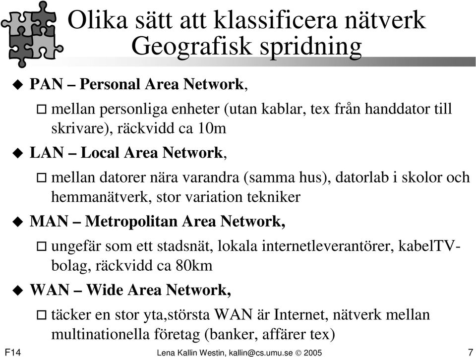 tekniker MAN Metropolitan Area Network, ungefär som ett stadsnät, lokala internetleverantörer, kabeltvbolag, räckvidd ca 80km WAN Wide Area Network,