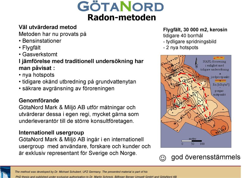 undersökning har man påvisat : nya hotspots tidigare okänd utbredning på grundvattenytan säkrare avgränsning av föroreningen Flygfält, 30 000 m2, kerosin tidigare 40 borrhål - tydligare