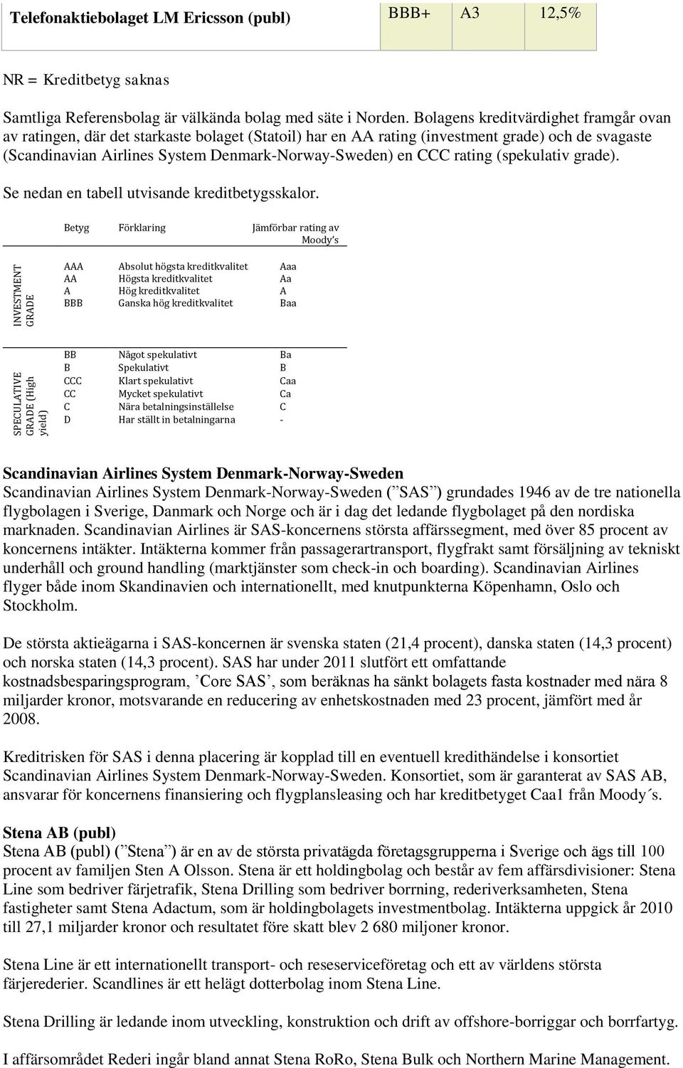 rating (spekulativ grade). Se nedan en tabell utvisande kreditbetygsskalor.