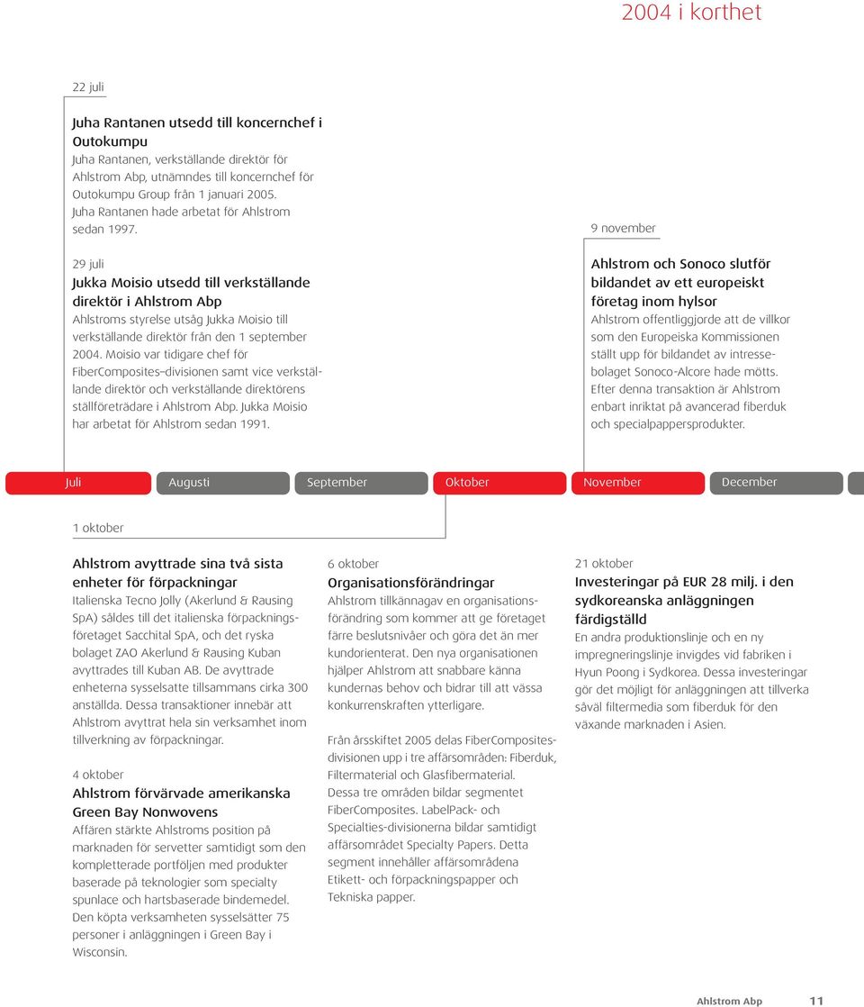 9 november 29 juli Jukka Moisio utsedd till verkställande direktör i Ahlstroms styrelse utsåg Jukka Moisio till verkställande direktör från den 1 september 2004.