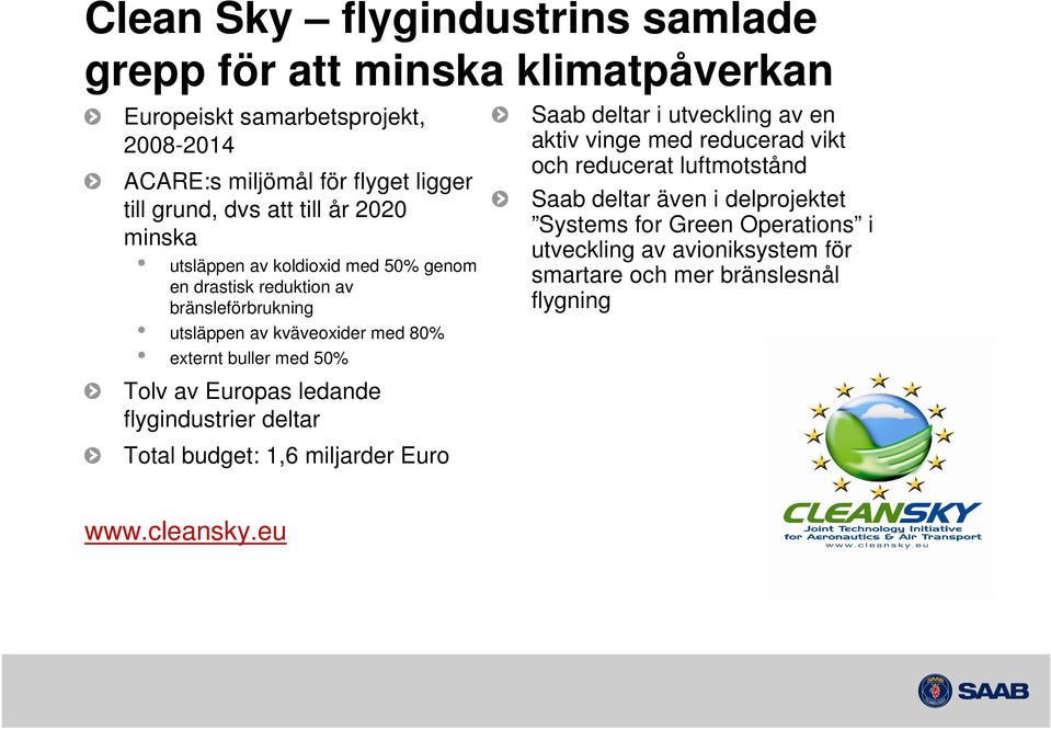 50% Tolv av Europas ledande flygindustrier deltar Total budget: 1,6 miljarder Euro Saab deltar i utveckling av en aktiv vinge med reducerad vikt och reducerat