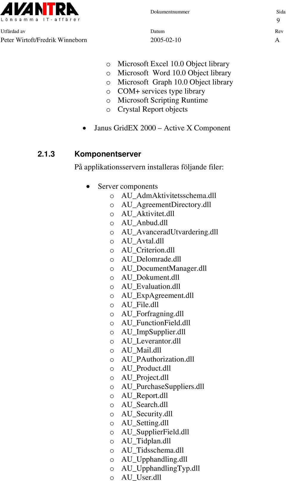 3 Komponentserver På applikationsservern installeras följande filer: Server components o AU_AdmAktivitetsschema.dll o AU_AgreementDirectory.dll o AU_Aktivitet.dll o AU_Anbud.