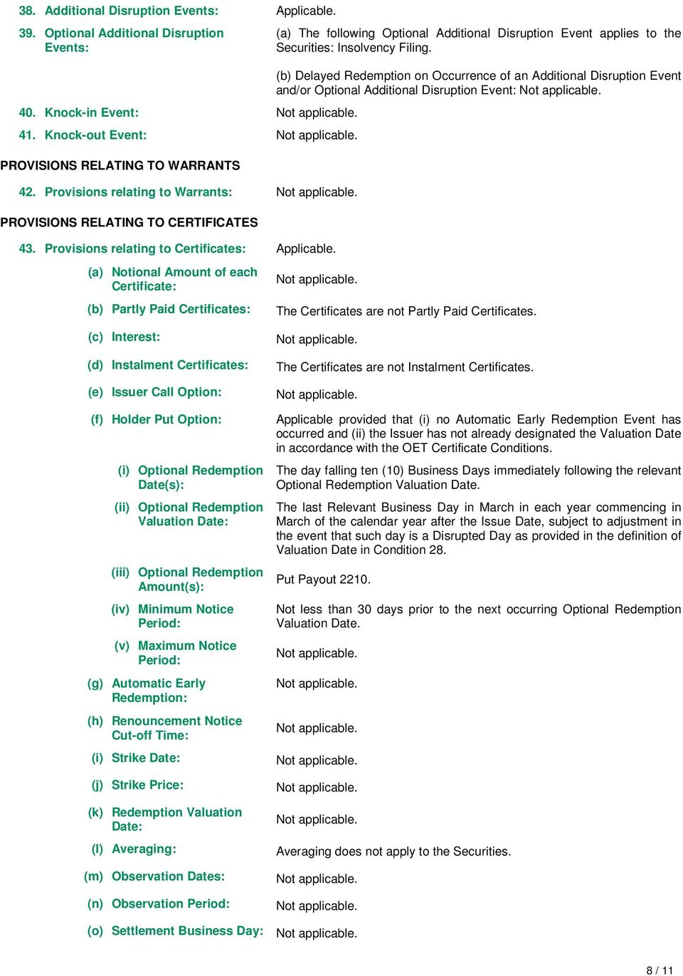 (a) The following Optional Additional Disruption Event applies to the Securities: Insolvency Filing.