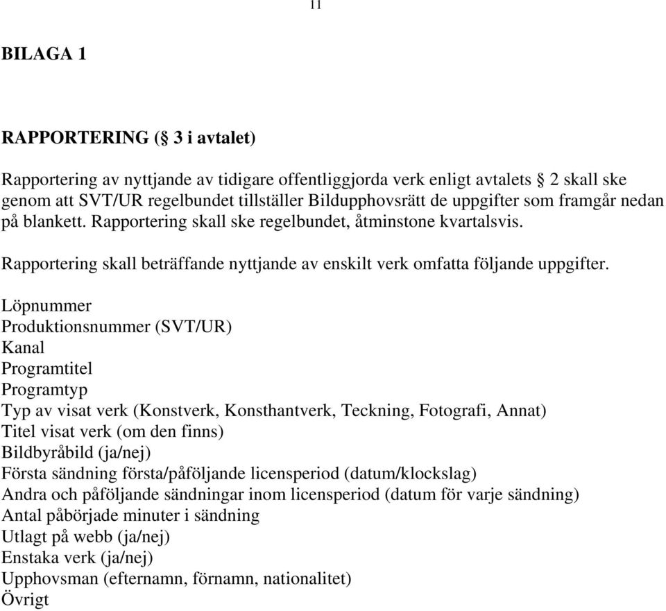 Löpnummer Produktionsnummer (SVT/UR) Kanal Programtitel Programtyp Typ av visat verk (Konstverk, Konsthantverk, Teckning, Fotografi, Annat) Titel visat verk (om den finns) Bildbyråbild (ja/nej)